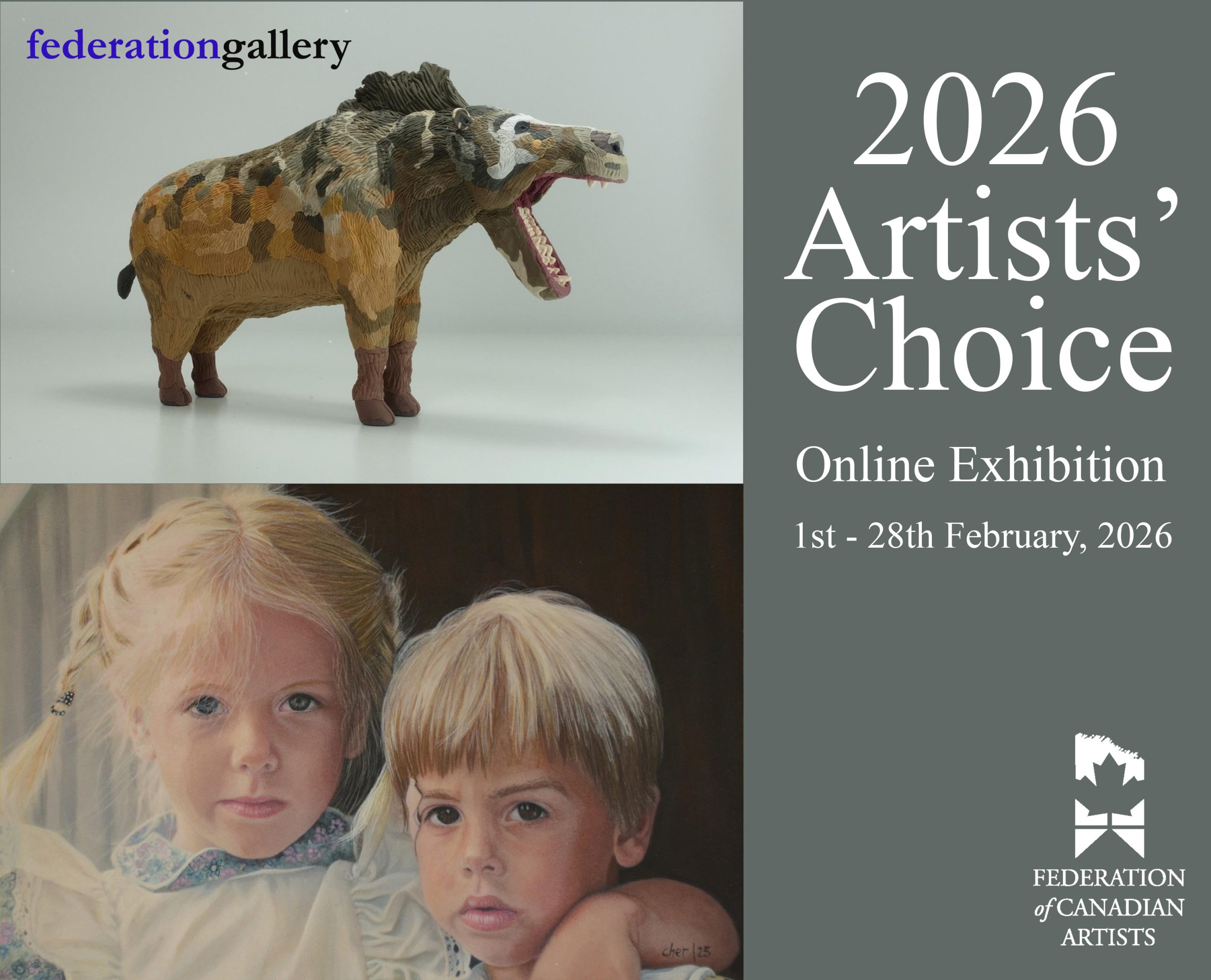 Promotional banner for the 2026 Artists' Choice Online Exhibition by the Federation of Canadian Artists, featuring a sculpture of a wild boar and a portrait painting of two children.