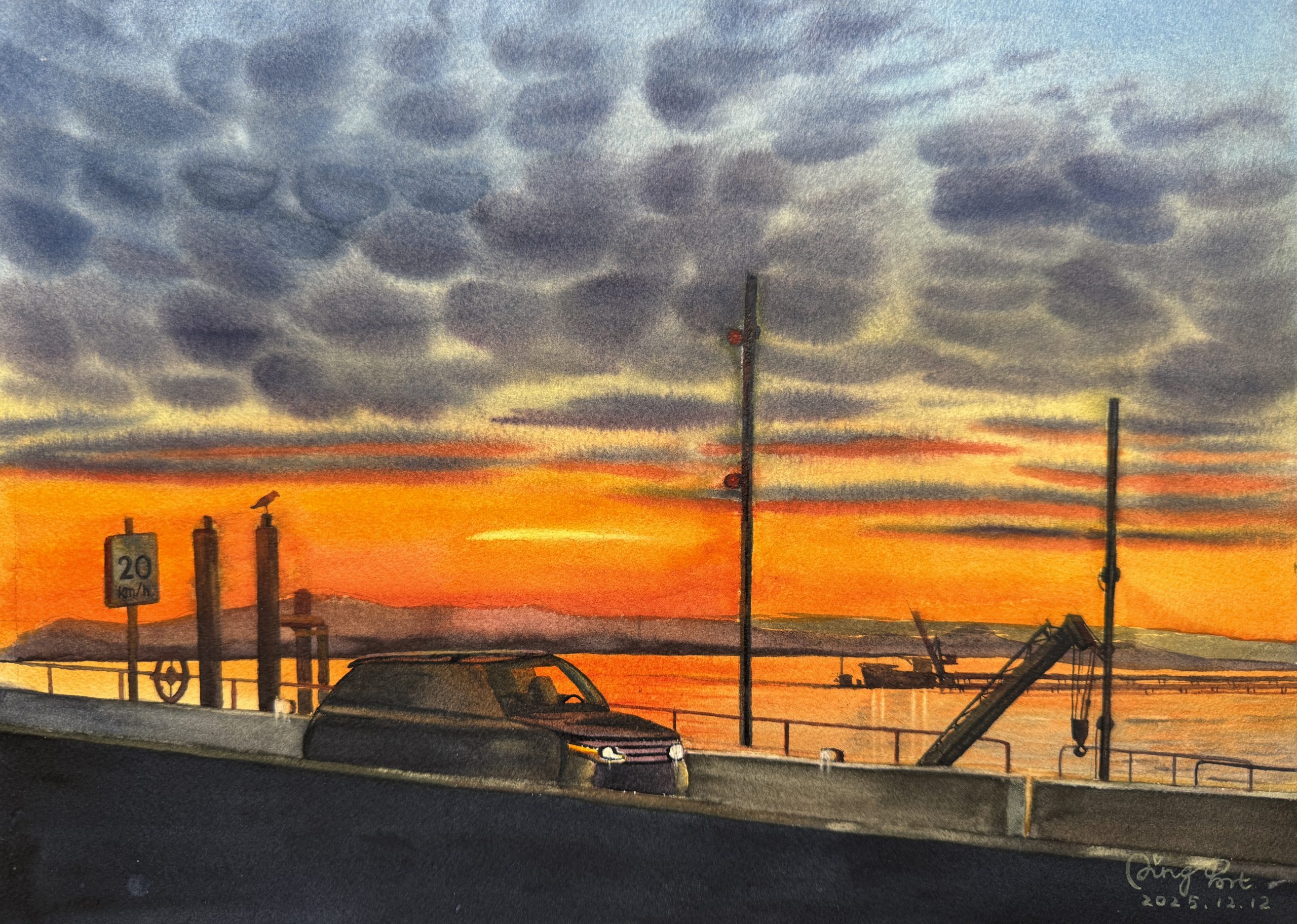 Watercolor painting of a dramatic sunset with textured clouds, featuring a silhouette of a car and industrial crane in the foreground.