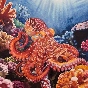 Original watercolor painting of a red octopus exploring a colorful coral reef, titled Splendid Coral Realm by QingQing Artwork. Award-winning underwater art.