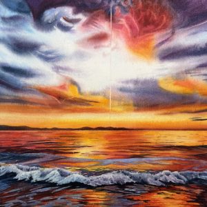 Original watercolor seascape painting titled Radiant Pillar, showing a sun pillar light shaft over dark ocean waves. Framed in white aluminum with floating mount.