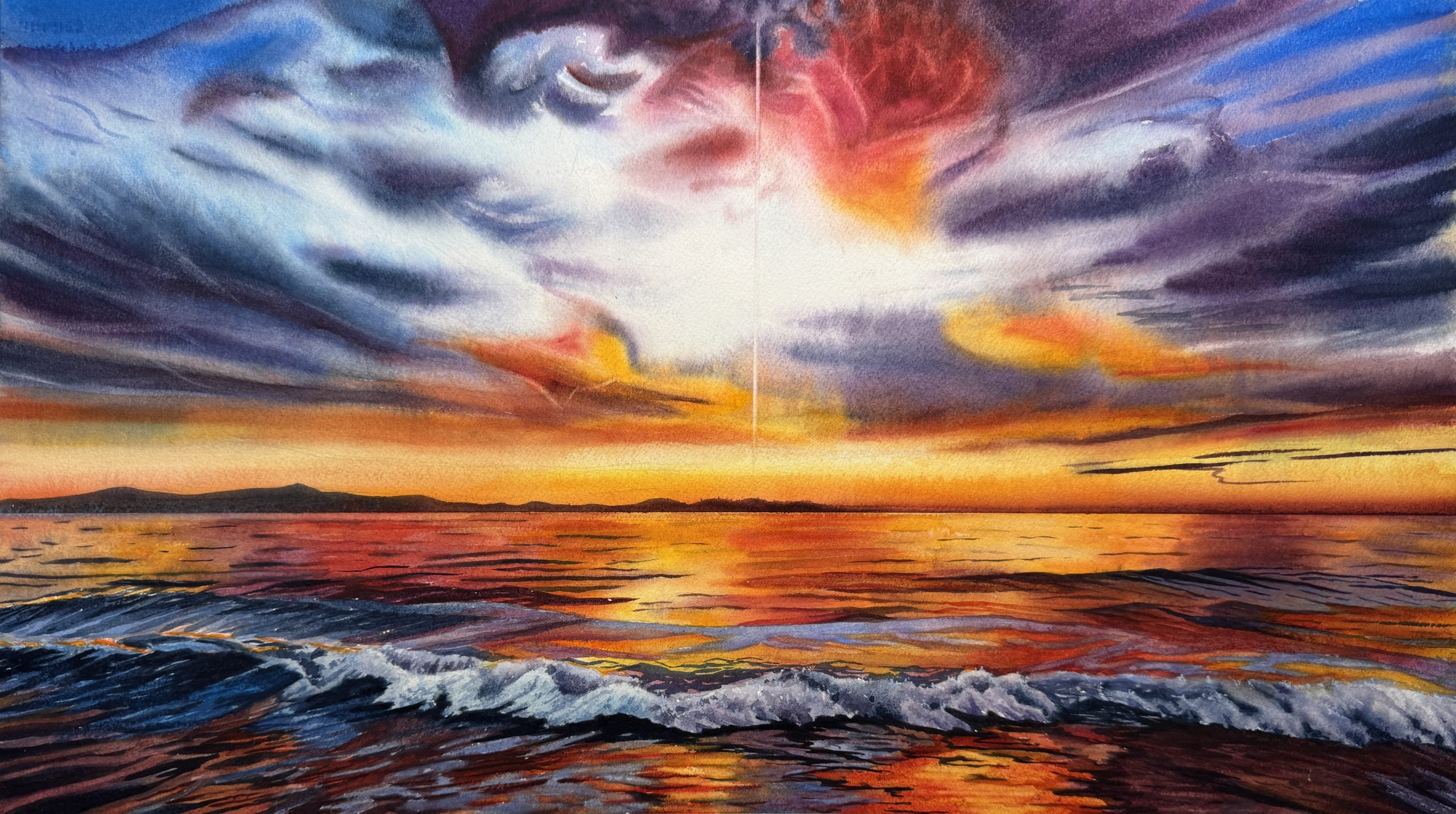 Original watercolor seascape painting titled Radiant Pillar, showing a sun pillar light shaft over dark ocean waves. Framed in white aluminum with floating mount.
