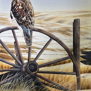 Original watercolor painting of a Red-tailed Hawk perched on a rustic wagon wheel in a golden prairie landscape, titled Guardian of the Prairie.