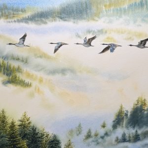 Framed original watercolor painting of wild geese flying over misty forest, white aluminum floating frame, titled Through the Sea of Mist.