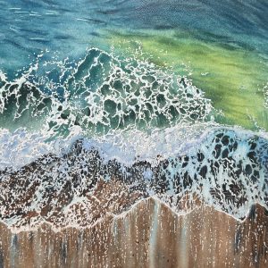 Original seascape watercolor painting titled Coastal Luminescence. Aerial view of turquoise ocean waves crashing on rocky shore with white sea foam. Panoramic view. Part of Below the Water series.