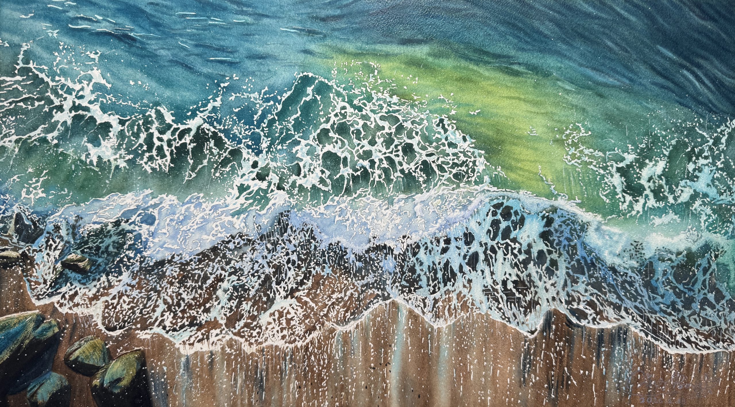 Original seascape watercolor painting titled Coastal Luminescence. Aerial view of turquoise ocean waves crashing on rocky shore with white sea foam. Panoramic view. Part of Below the Water series.