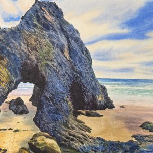 Large original seascape watercolor painting of a majestic rock arch on a sandy beach, titled Eroded Stone by the Sea (Born Towards the Sea). Features rugged cliff textures and calm ocean waves. Selected for GPC Seascapes Exhibition. 80x60cm framed statement art.