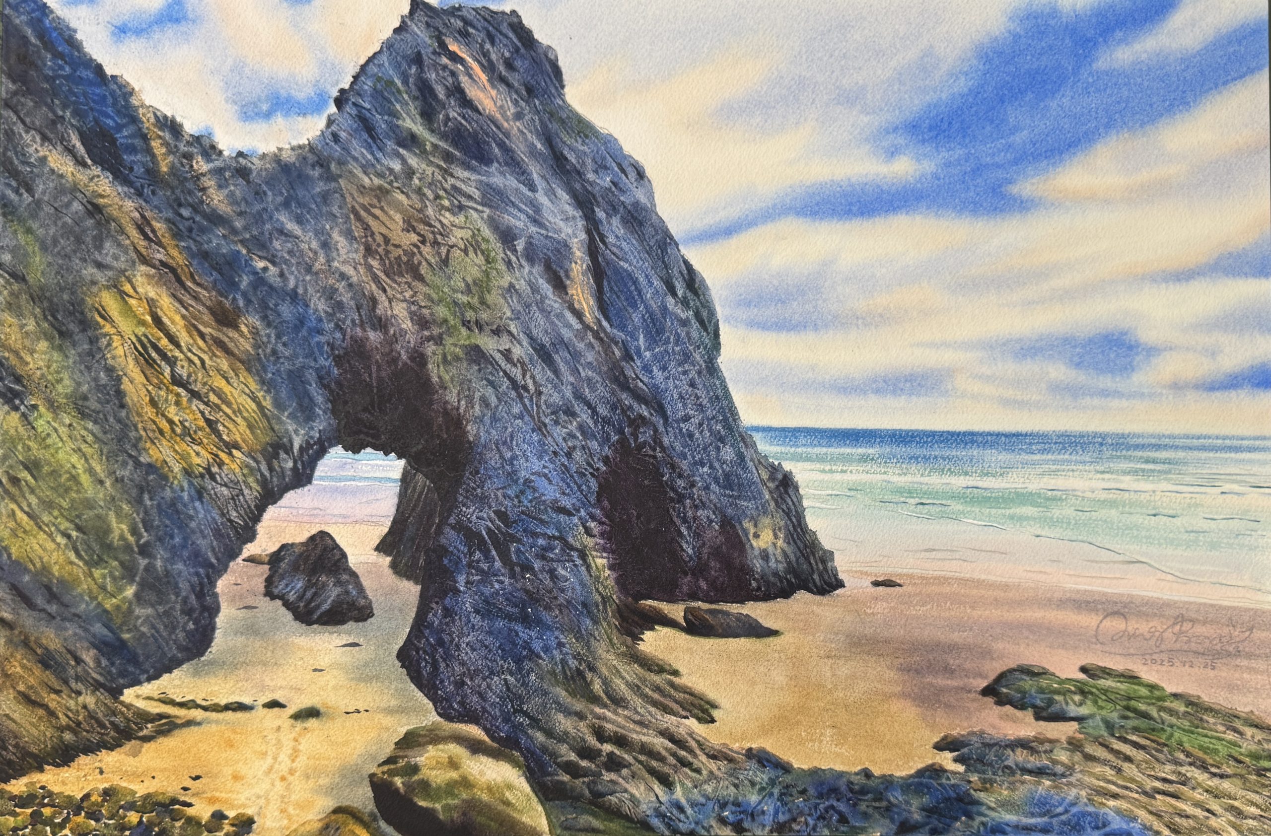 Large original seascape watercolor painting of a majestic rock arch on a sandy beach, titled Eroded Stone by the Sea (Born Towards the Sea). Features rugged cliff textures and calm ocean waves. Selected for GPC Seascapes Exhibition. 80x60cm framed statement art.