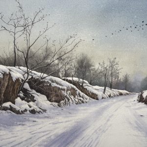 Original watercolor painting of a serene winter snow landscape with a flock of birds flying over a snowy path, titled Homeward Bound by QingQing Artwork. Exclusive one-of-a-kind art.