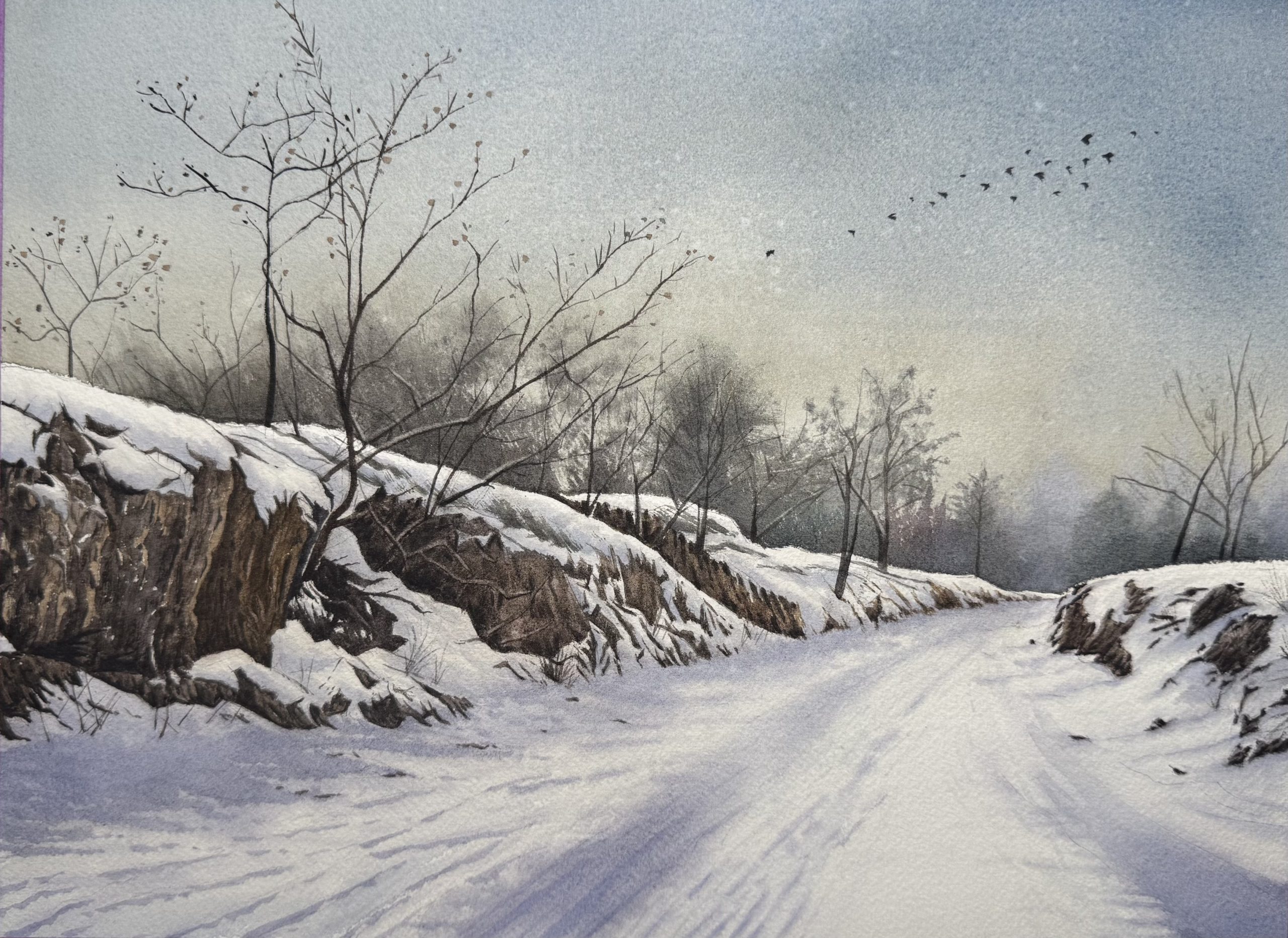 Original watercolor painting of a serene winter snow landscape with a flock of birds flying over a snowy path, titled Homeward Bound by QingQing Artwork. Exclusive one-of-a-kind art.