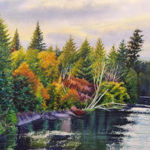 Original watercolor painting of a serene Canadian landscape featuring vibrant autumn trees reflecting on the water at Swartz Bay, BC. Titled Golden Autumn at Swartz Bay. Exhibited at the FCA Gallery in Vancouver.
