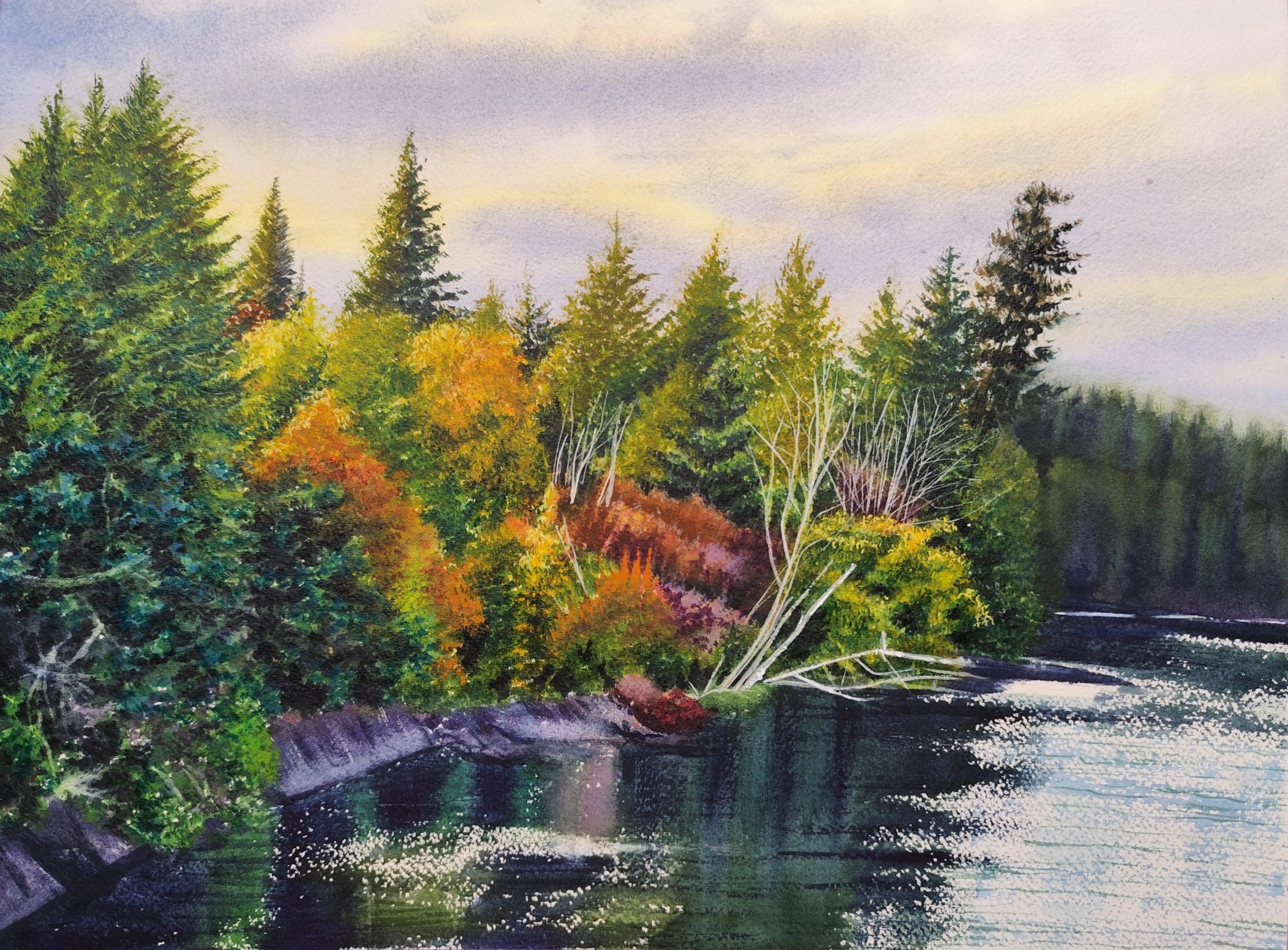 Original watercolor painting of a serene Canadian landscape featuring vibrant autumn trees reflecting on the water at Swartz Bay, BC. Titled Golden Autumn at Swartz Bay. Exhibited at the FCA Gallery in Vancouver.