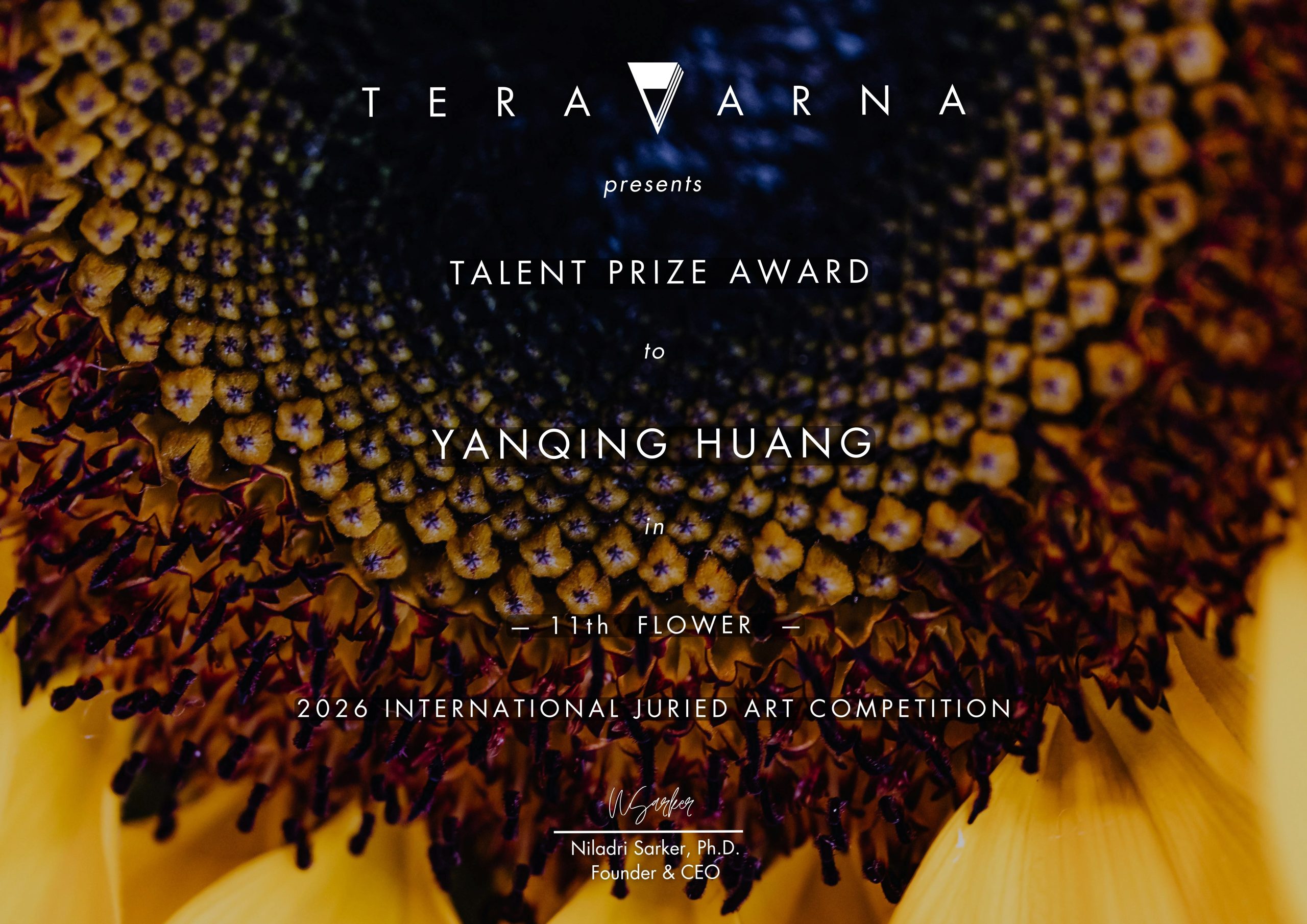 Talent Prize Award certificate presented to Yanqing Huang by TERAVARNA for the 11th Flower International Juried Art Competition.
