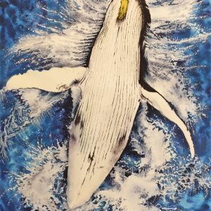 Large vertical original watercolor painting of a massive humpback whale breaching the deep blue ocean surface with dynamic water splashes. Titled The leap of a humpback whale. Framed 60x80cm statement art.