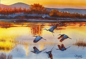 Realistic watercolor painting of a flock of cranes taking flight over a golden sunlit wetland - Golden Serenity by QingQing