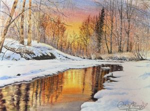 Realistic watercolor painting of a snowy riverbank with a golden sunset reflecting in the calm water - Golden Winter Reflection by QingQing