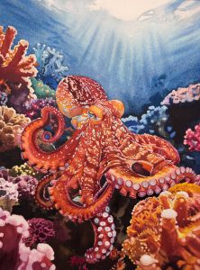 Award-winning realistic watercolor painting of a red octopus among vibrant coral reefs - Splendid Coral Realm by QingQing