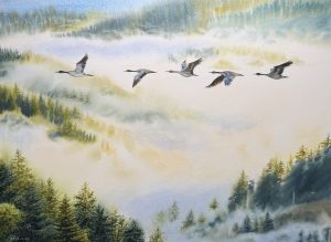 Framed original watercolor painting of wild geese flying over misty forest - Through the Sea of Mist