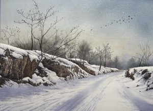 Watercolor painting "Homeward Bound" depicting a snowy winter road flanked by rocky banks and bare trees with a flock of birds flying in the distance.