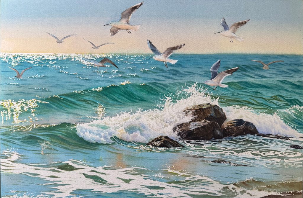 Dynamic watercolor seascape painting featuring seagulls flying over crashing waves and rocks, titled Waves, Rocks and Seagull Song, winner of the Silver Award.