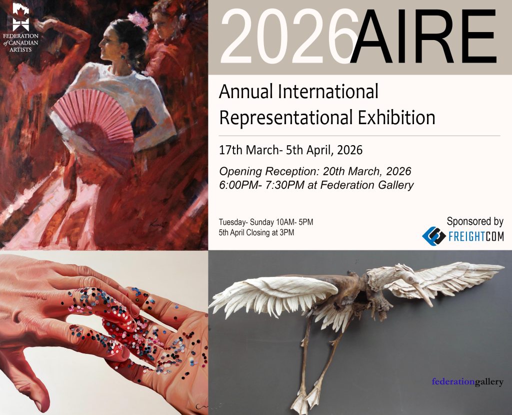 Official promotional banner for the 2026 Annual International Representational Exhibition (AIRE) hosted by the Federation of Canadian Artists at the Federation Gallery in Vancouver.