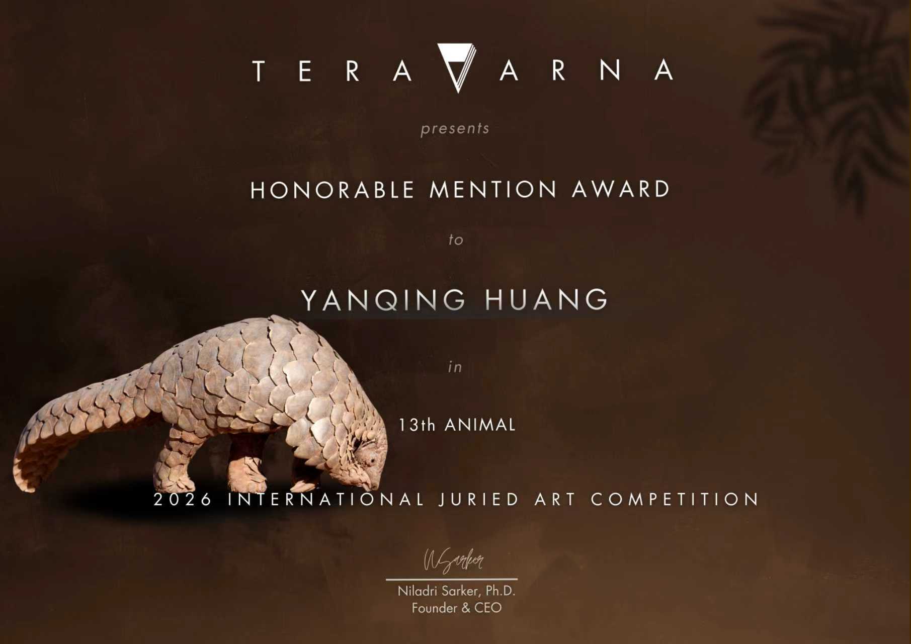 Official Honorable Mention award certificate presented to Yanqing Huang (QingQing) by Teravarna Art Gallery for the 13th Animal Art Online Competition.