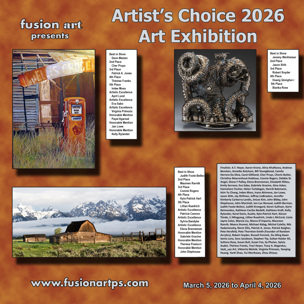 Official promotional postcard for the Fusion Art Artist's Choice 2026 Art Exhibition, listing Yanqing Huang as a Finalist.