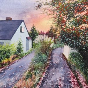 Original watercolor painting of a quaint white cottage and a petal-strewn garden path illuminated by a vibrant sunset in Victoria, British Columbia. Titled Victoria's Sunset. FCA recognized landscape art.