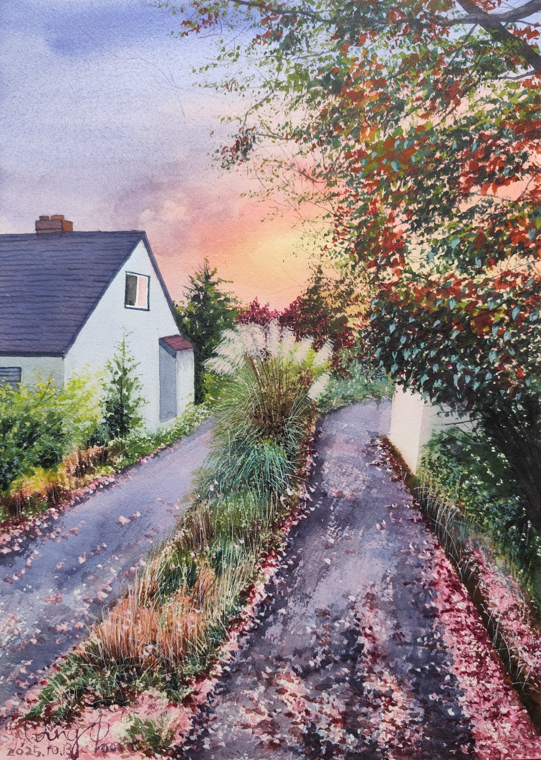 Original watercolor painting of a quaint white cottage and a petal-strewn garden path illuminated by a vibrant sunset in Victoria, British Columbia. Titled Victoria's Sunset. FCA recognized landscape art.
