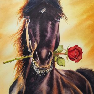Black horse watercolor painting with a red rose in its mouth, framed original art by QingQing