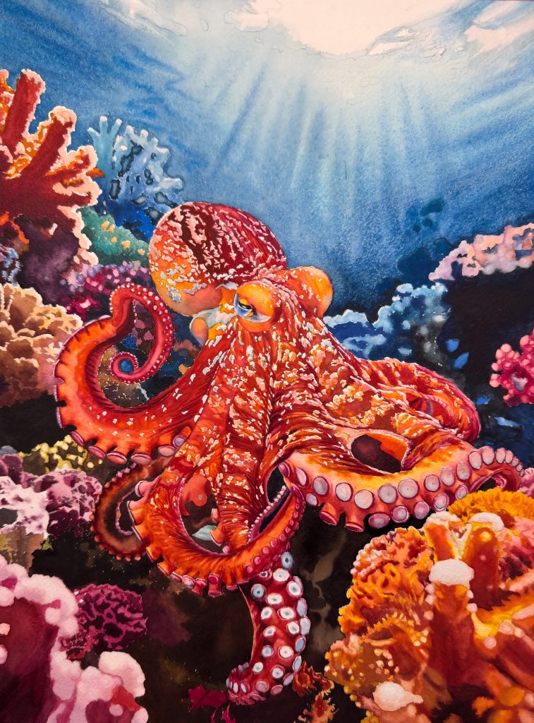 Highly detailed and vibrant watercolor painting of a giant Pacific octopus surrounded by dynamic coral formations, titled "Splendid Coral Realm" by Yanqing Huang (QingQing).