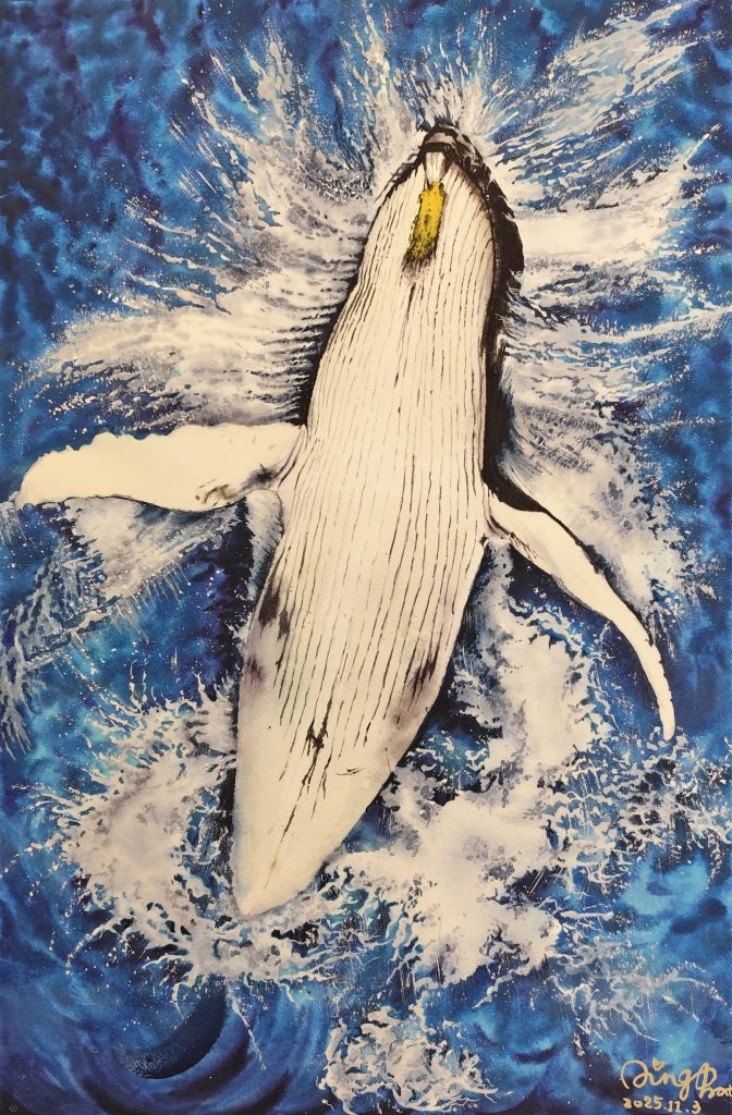 Dynamic watercolor painting of a breaching humpback whale titled "The Leap of a Humpback Whale", selected for the LVAG exhibition.