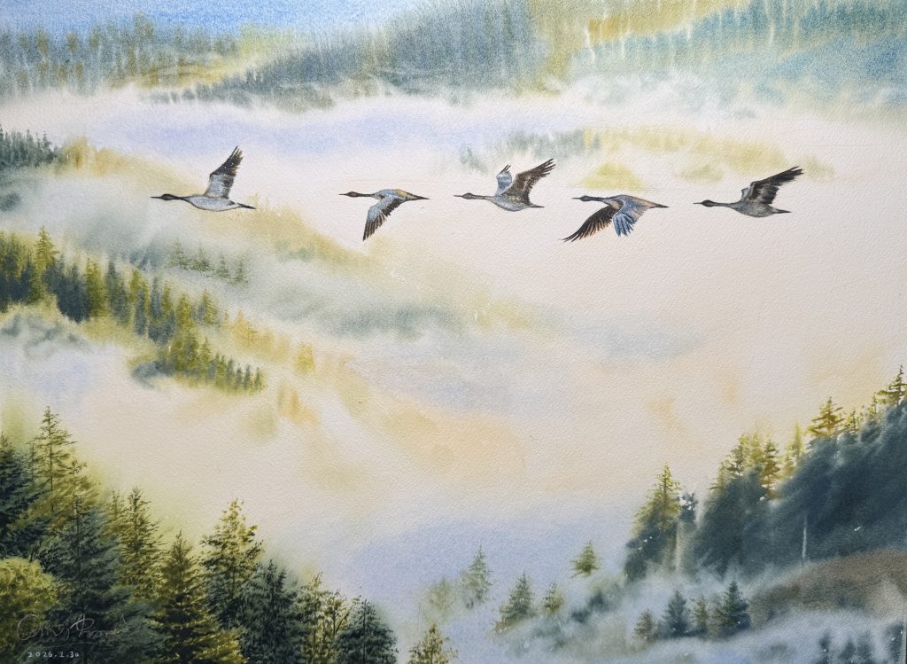 Serene watercolor painting of birds flying over a misty coastal landscape titled "Through the Sea of Mist".