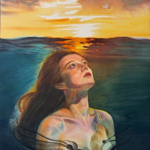Large surreal watercolor painting of a woman emerging from the ocean into the sunrise, award-winning figurative art by QingQing