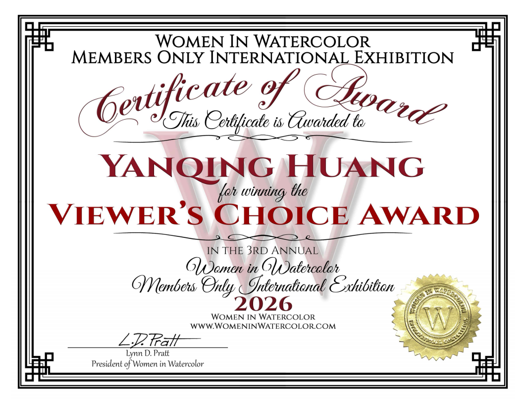 Viewers Choice Award winner Yanqing Huang for the watercolor painting "The Quiet Power Beneath" at the Women in Watercolor 2026 Exhibition.