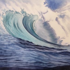 Large original ocean wave watercolor painting by QingQing Artwork, framed coastal wall art