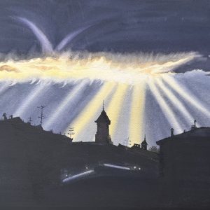 Dramatic watercolor painting of Florence skyline before a storm with divine light piercing clouds, framed original by QingQing Artwork
