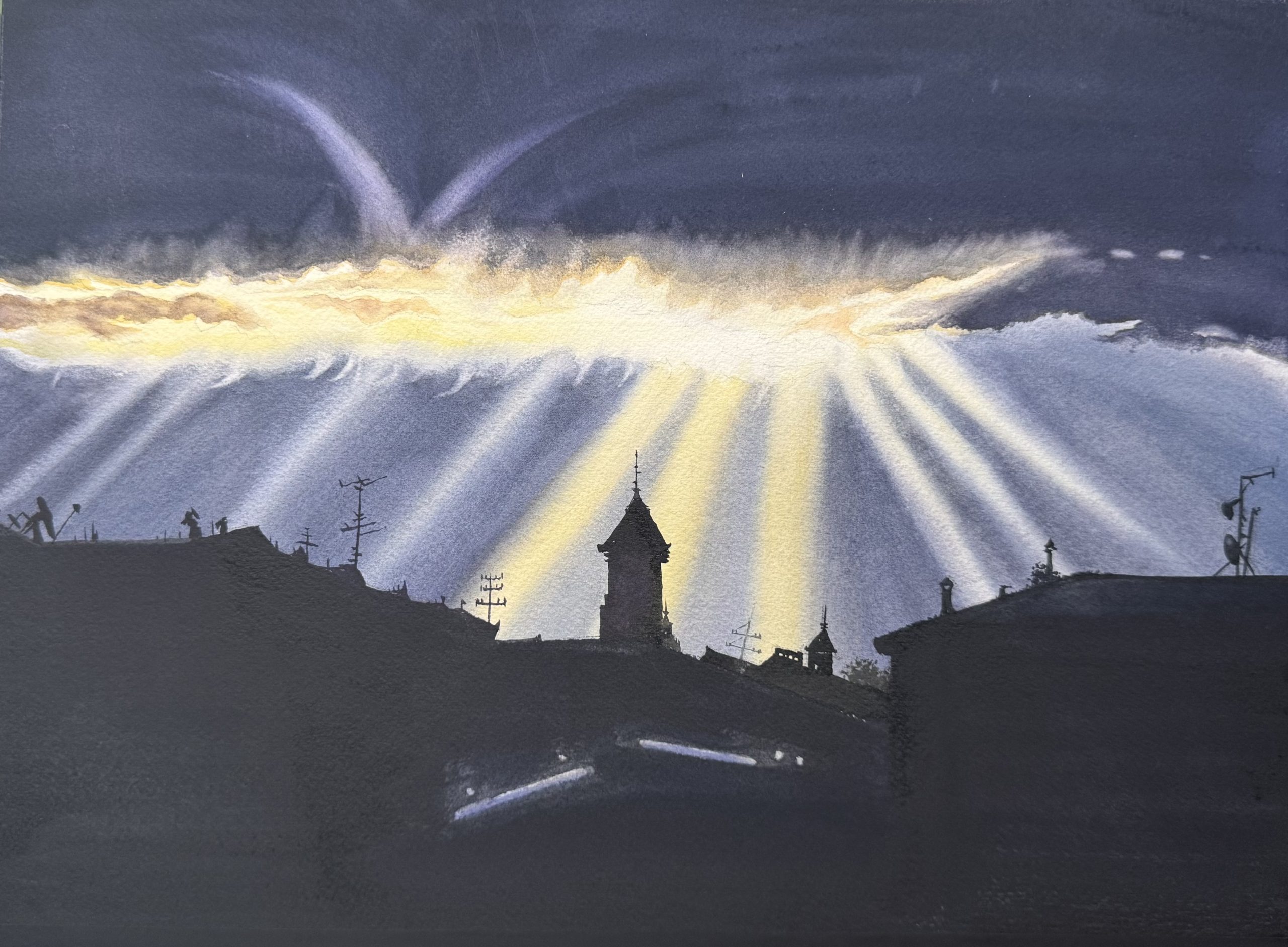 Dramatic watercolor painting of Florence skyline before a storm with divine light piercing clouds, framed original by QingQing Artwork