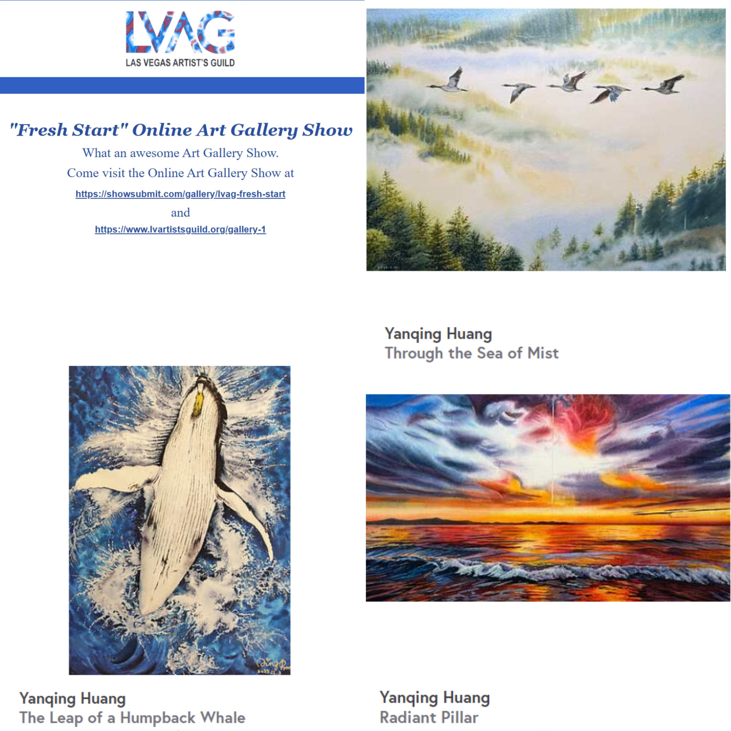 Collage of the Las Vegas Artists' Guild Fresh Start exhibition announcement and three selected watercolor paintings by Yanqing Huang: Through the Sea of Mist, The Leap of a Humpback Whale, and Radiant Pillar.