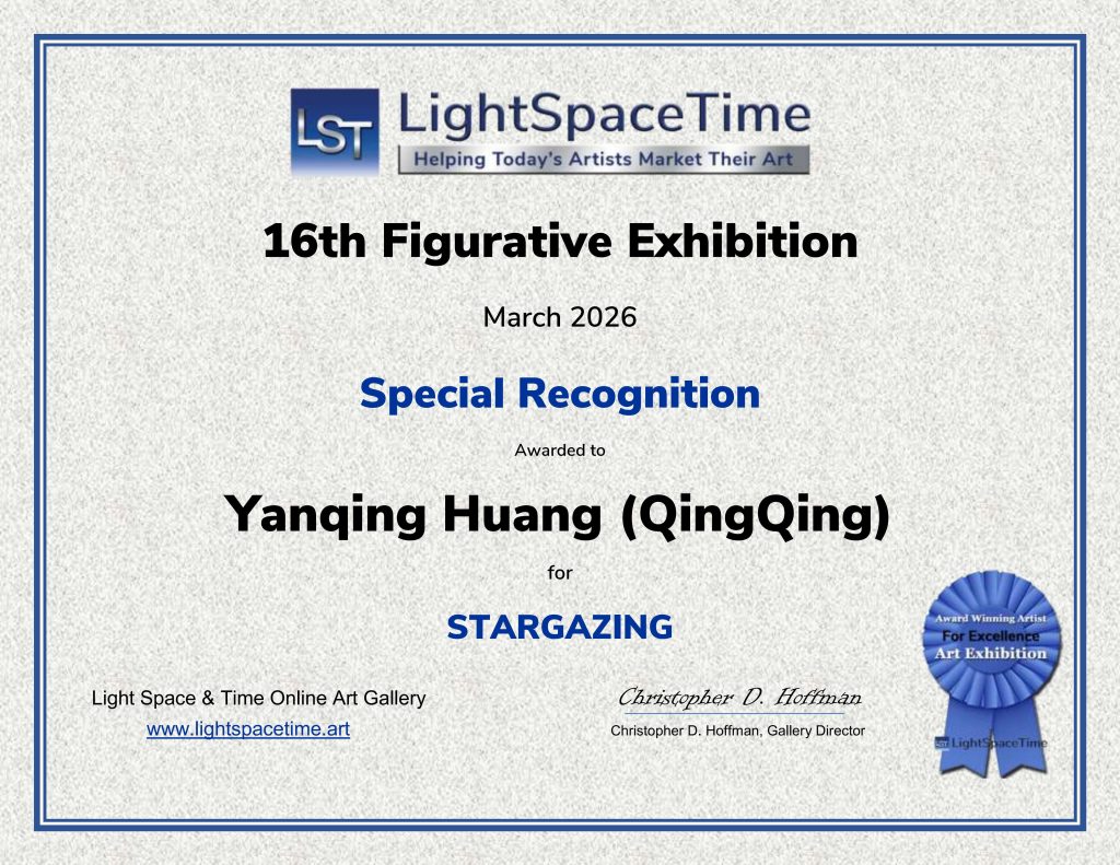 Official Special Recognition Award certificate presented to Yanqing Huang (QingQing) by Light Space & Time Online Art Gallery for the 16th Annual Figurative Art Exhibition.