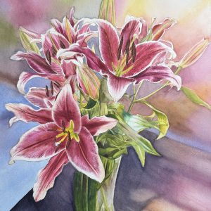 Vibrant pink lily watercolor painting in a glass vase, framed botanical wall art with floating mount by QingQing