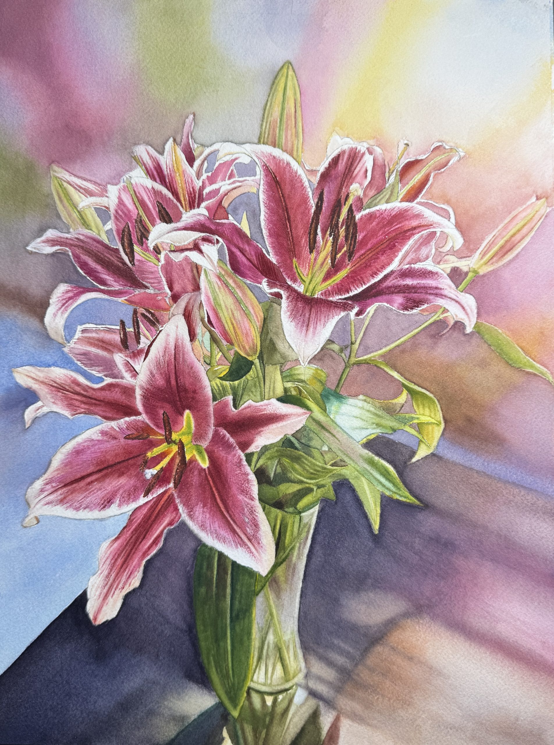 Vibrant pink lily watercolor painting in a glass vase, framed botanical wall art with floating mount by QingQing