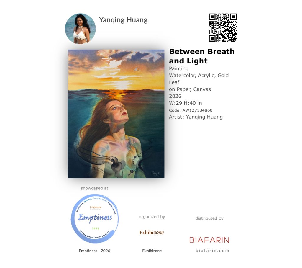 Official promotional badge with a QR code for Yanqing Huang's painting "Between Breath and Light", selected for the Emptiness 2026 exhibition organized by Exhibizone.