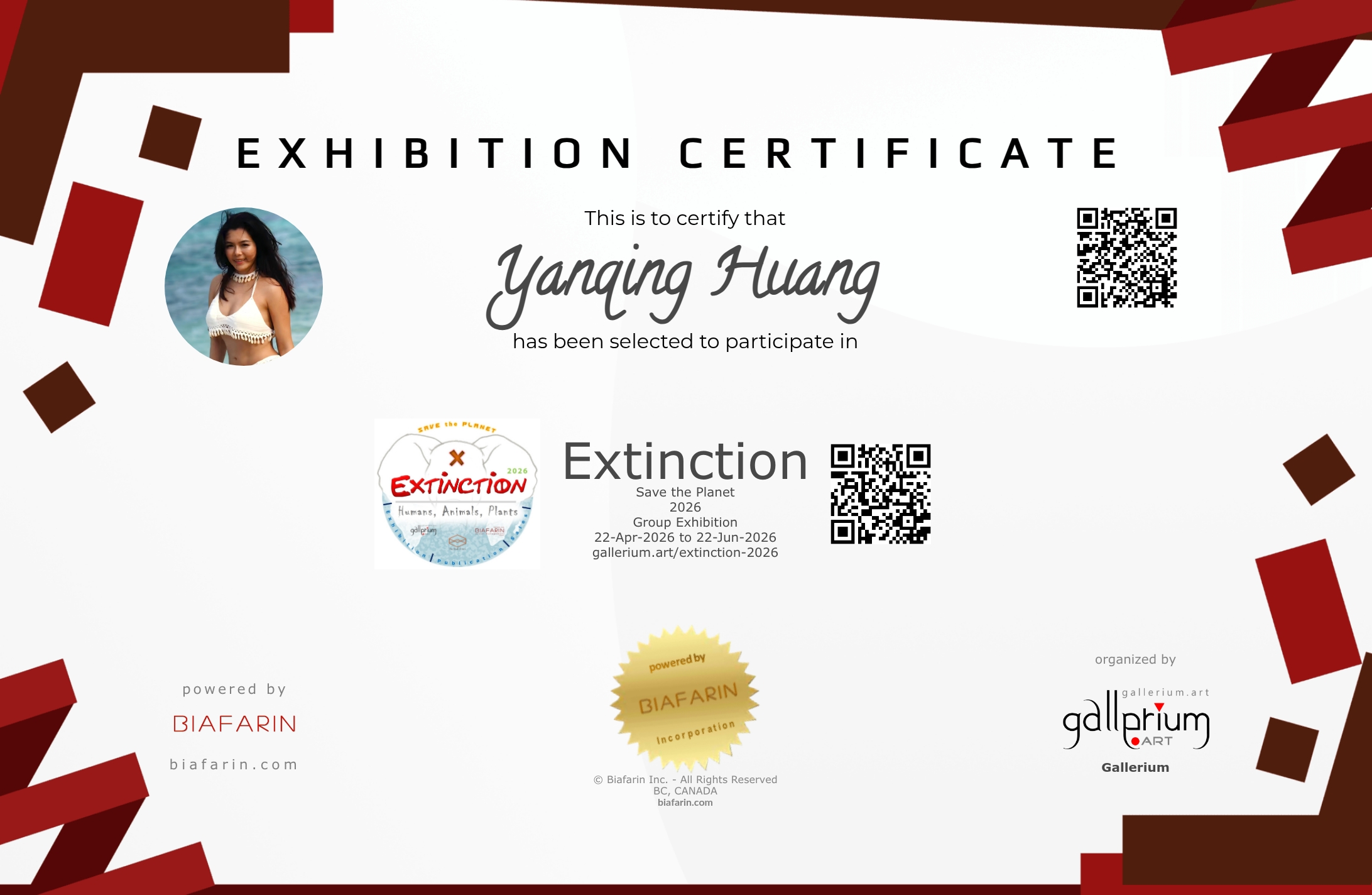 Official Exhibition Certificate presented to Yanqing Huang by Gallerium for the EXTINCTION 2026 group exhibition, featuring the selected wildlife watercolor painting "Fading Emerald".
