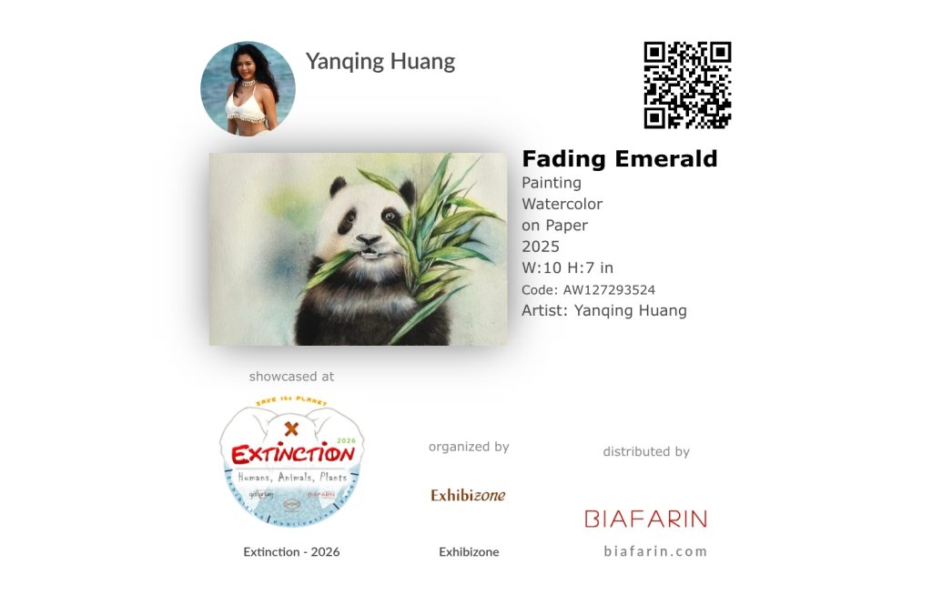 Official promotional badge with a QR code for Yanqing Huang's painting "Fading Emerald", selected for the EXTINCTION 2026 exhibition organized by Gallerium.