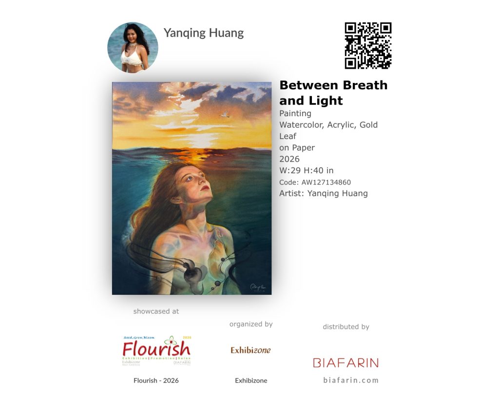 Official promotional badge with a QR code for Yanqing Huang's painting "Between Breath and Light", selected for the Flourish 2026 exhibition organized by Exhibizone.