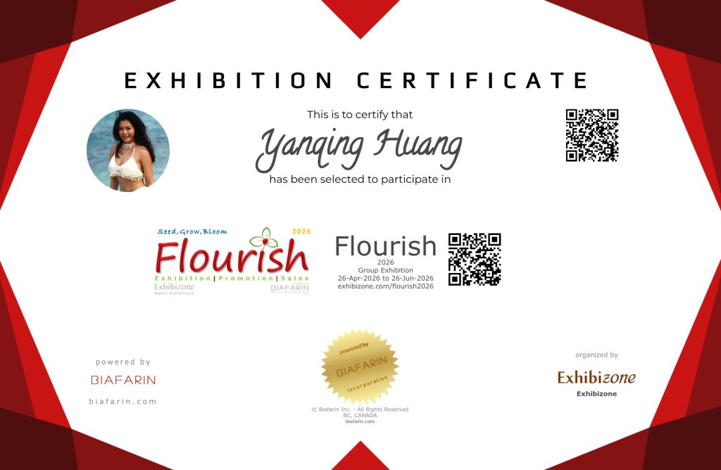 Official Exhibition Certificate presented to Yanqing Huang by Exhibizone for the Flourish 2026 group exhibition, featuring the selected watercolor painting "Between Breath and Light".