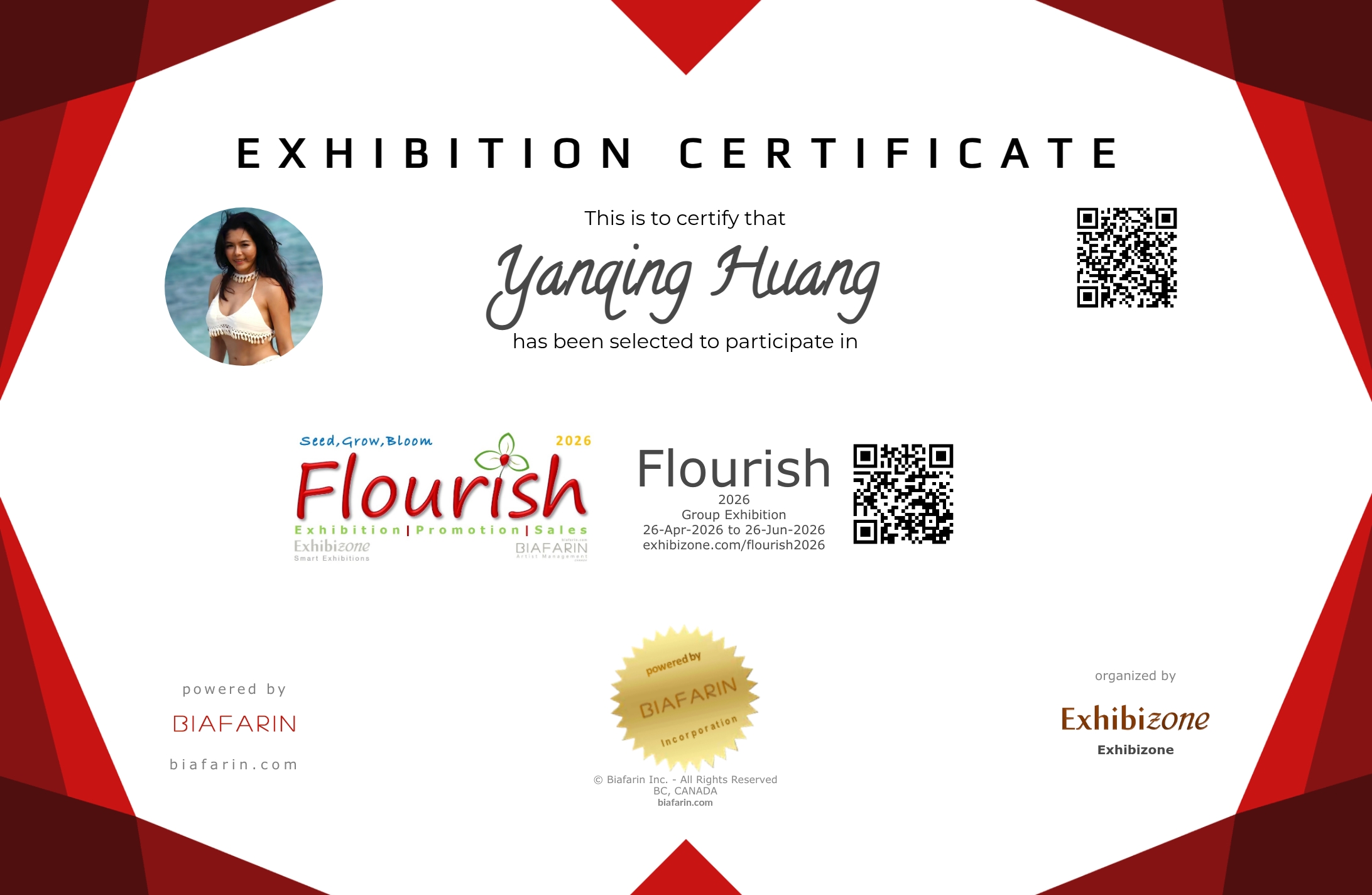Official Exhibition Certificate presented to Yanqing Huang by Exhibizone for the Flourish 2026 group exhibition, featuring the selected watercolor painting "Between Breath and Light".