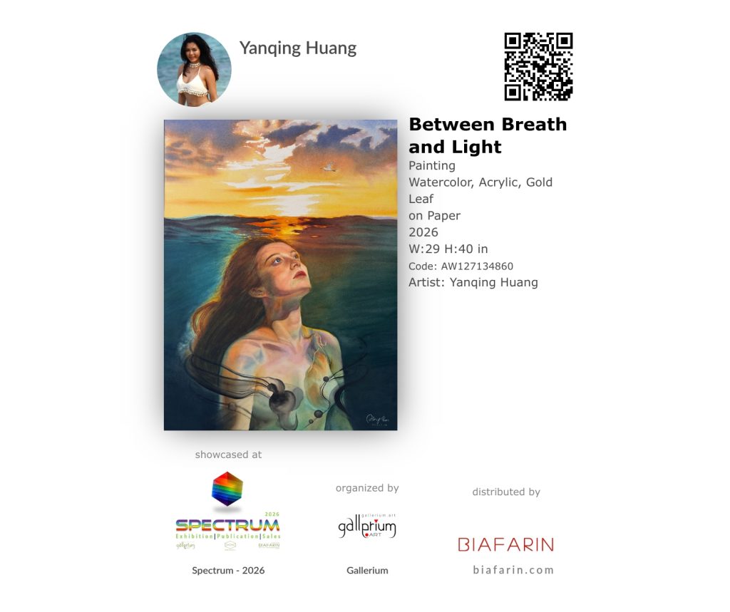 Official promotional badge with a QR code for Yanqing Huang's painting "Between Breath and Light", selected for the Spectrum 2026 exhibition organized by Gallerium.