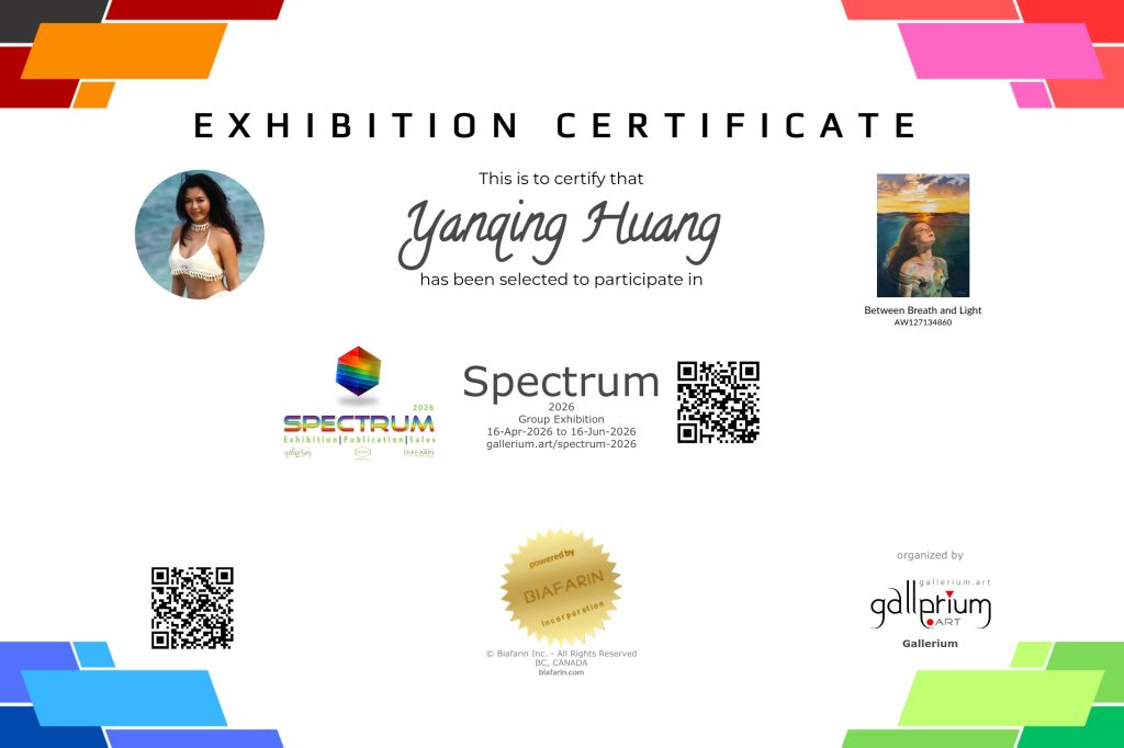 Official Exhibition Certificate presented to Yanqing Huang by Gallerium for the Spectrum 2026 group exhibition, featuring the selected watercolor painting "Between Breath and Light".