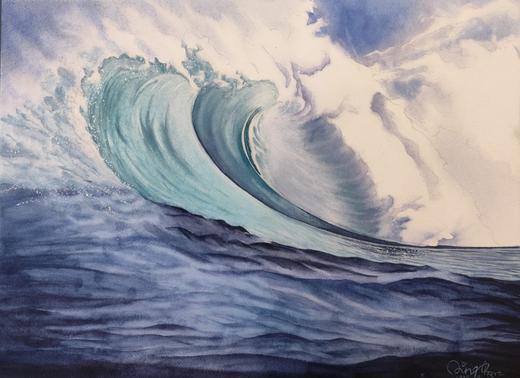 Dynamic watercolor painting of two large, powerful ocean waves curling and surging forward, titled "Surging Forward" by Yanqing Huang.